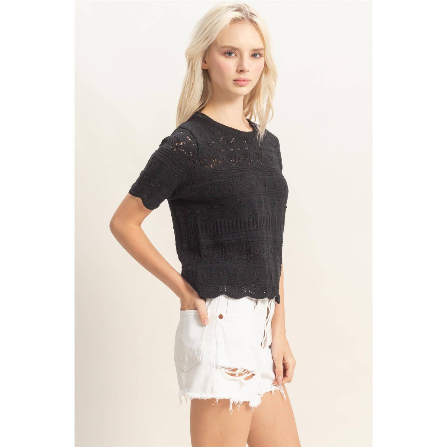 Time for Texture Knit Short Sleeve Top-Black