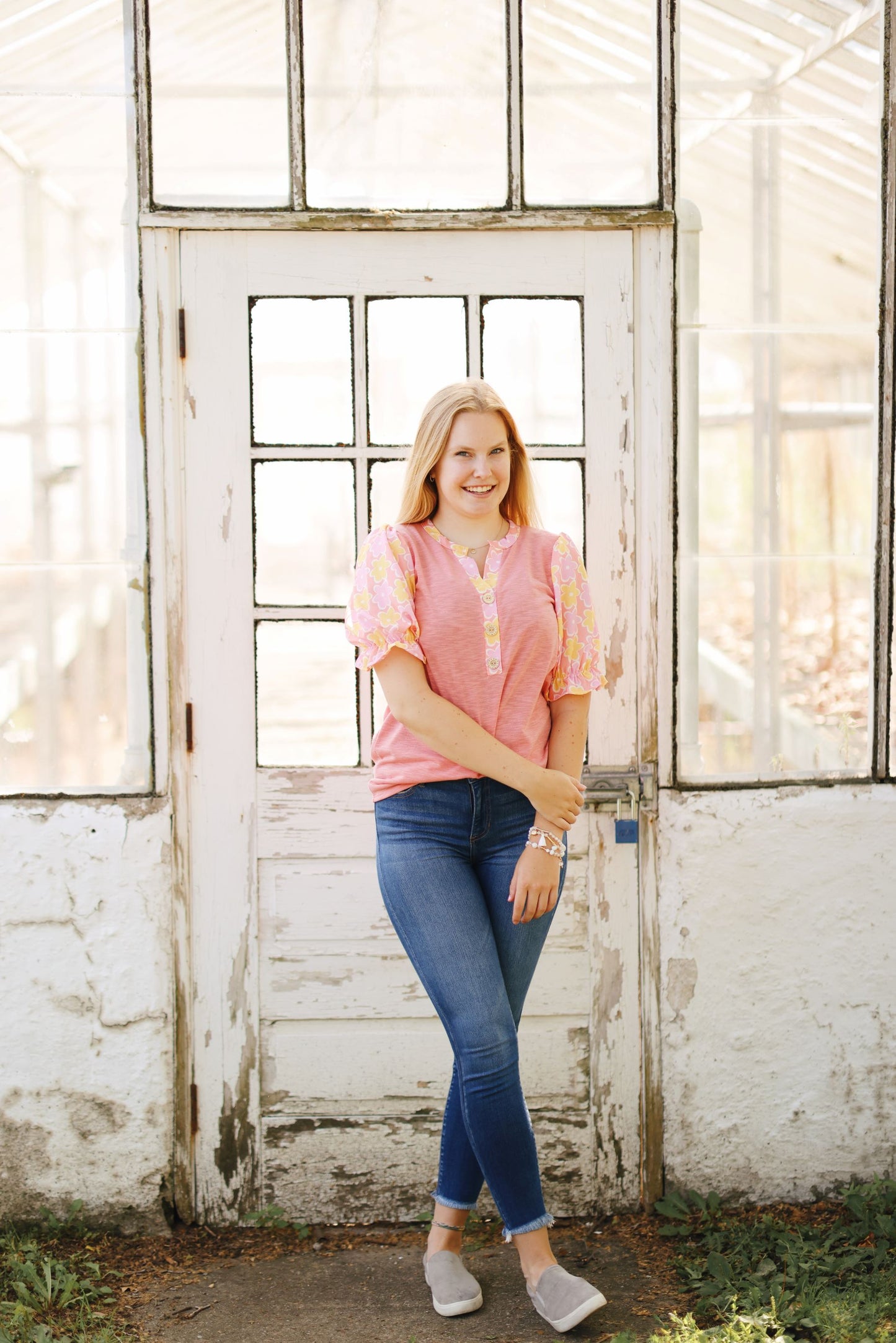 Pop of Floral Bubble Sleeve Top- 2 Colors (S-XL)