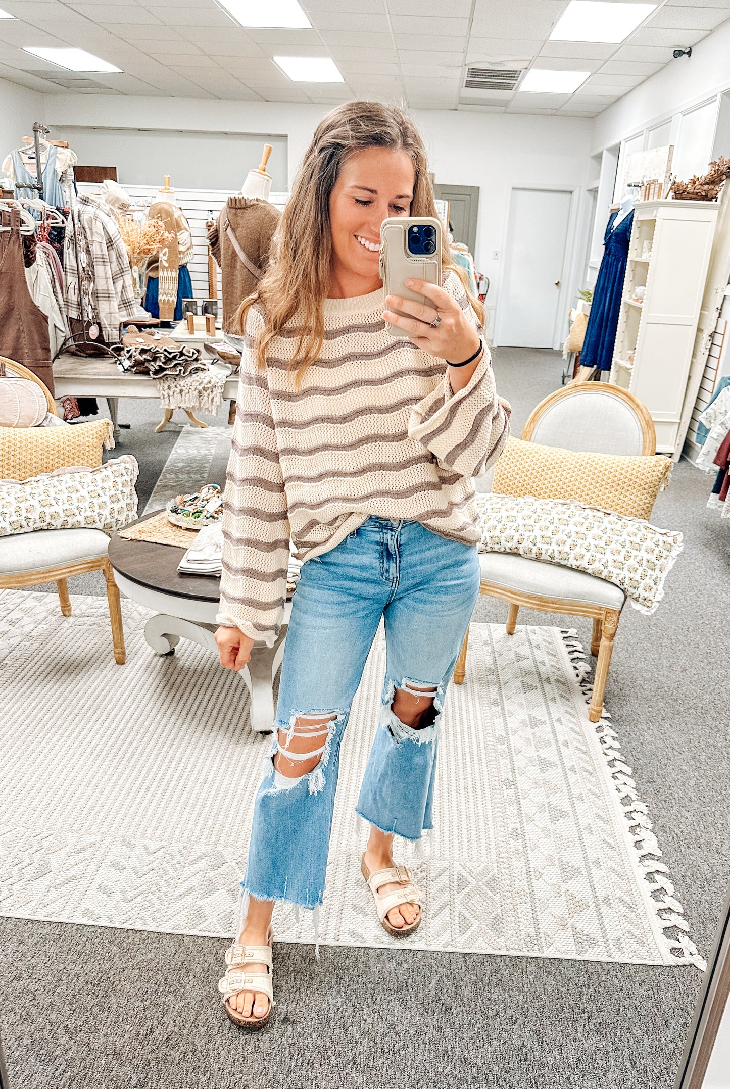 Mocha Mood Striped Crochet Sweater