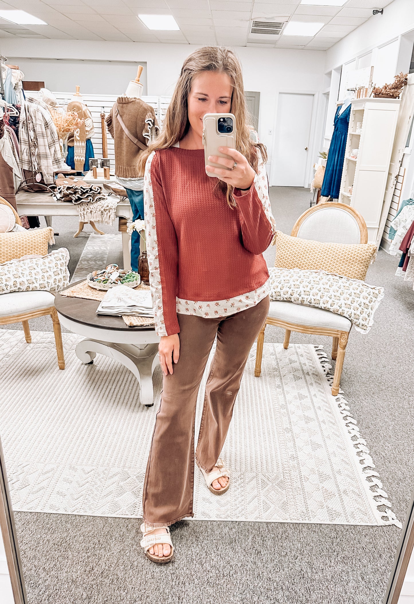 September Petals Waffle Knit Top-Marsala (S-Xl)