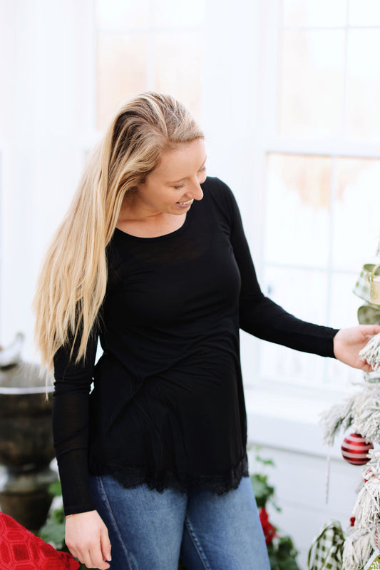 A Little Bit Of Lace Long Sleeve Top-Black