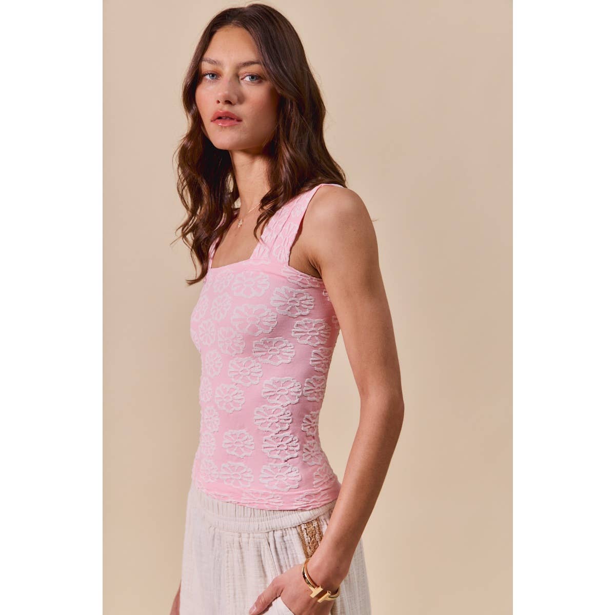 Floral Jacquard Square Neck Tank-2 Tone Pink
