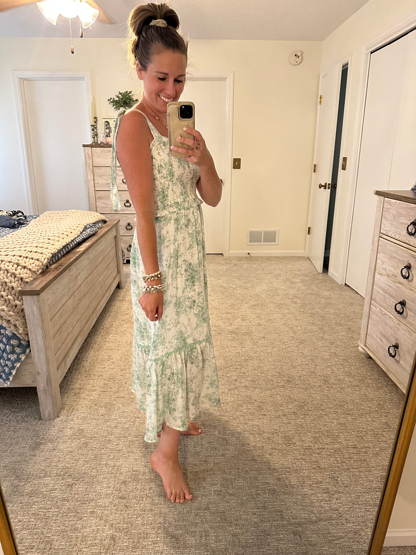 Floral Fade Sweetheart Midi Dress-Light Jade