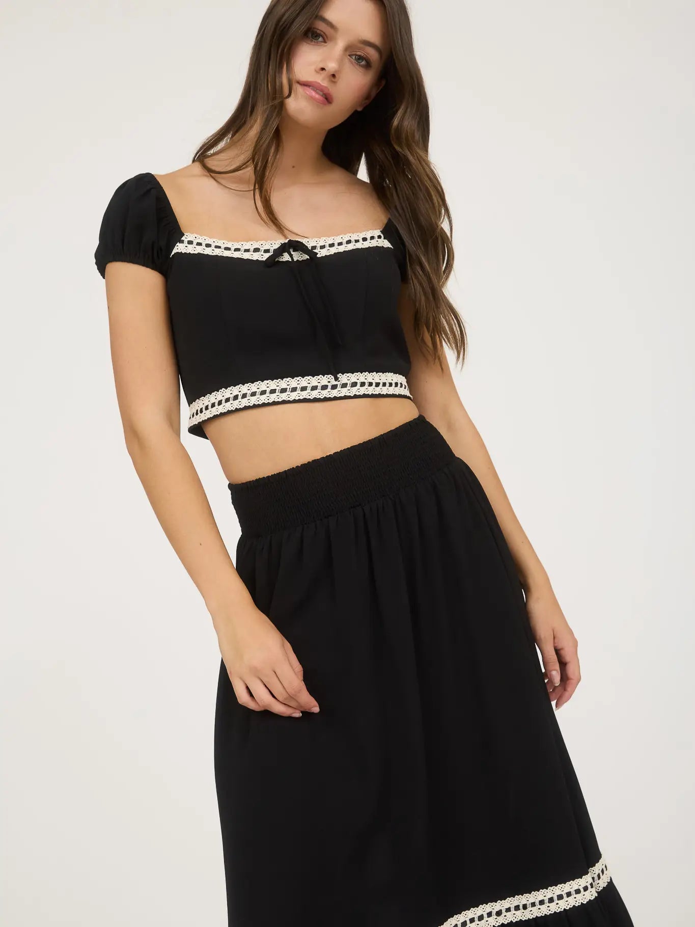 Midnight Stitch Lace Contrast Skirt-Black