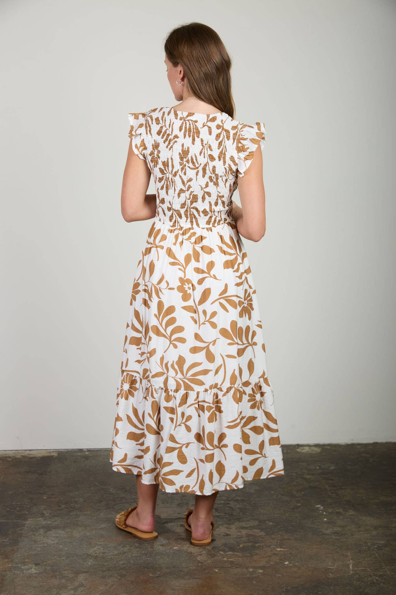 Leaf it Lovely Smocked Midi Dress-Lt. Brown