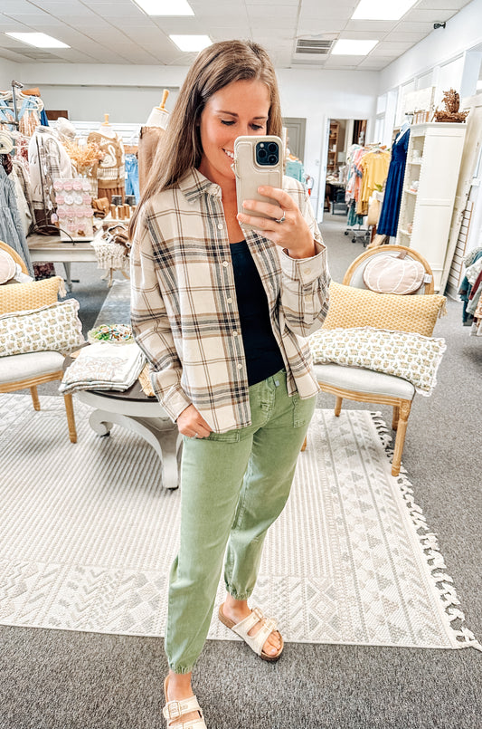 Cider Trails Plaid Top-Khaki