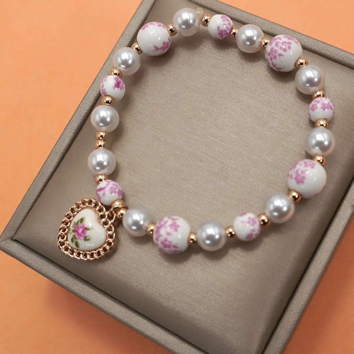 Pink Ceramic Porcelain Pearl Mix Heart Bracelet