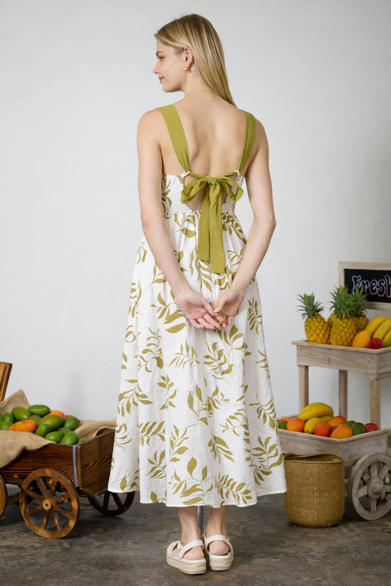 Whispering Leaves Back Tie Midi Dress