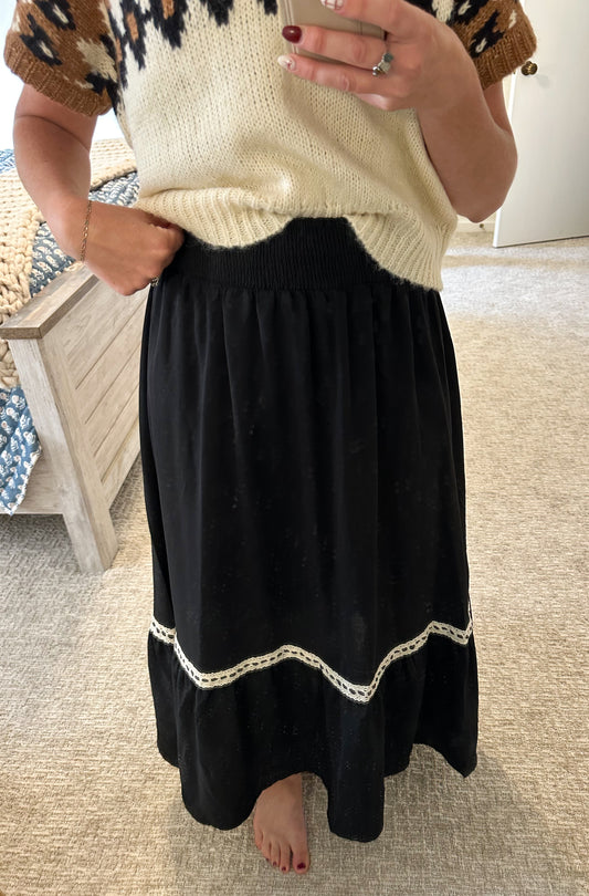Midnight Stitch Lace Contrast Skirt-Black