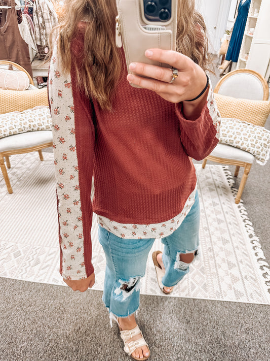 September Petals Waffle Knit Top-Marsala (S-Xl)