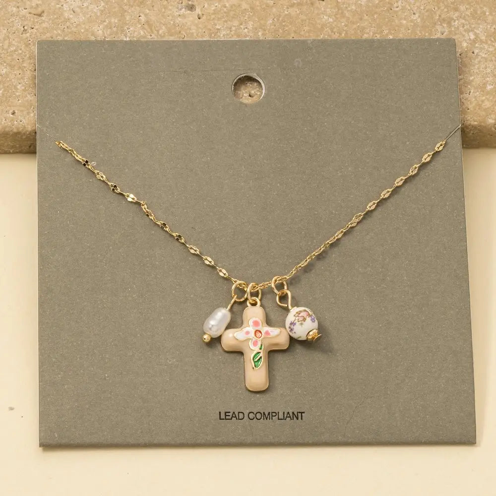 Enamel Cross and Ceramic Floral Charms Chain Necklace