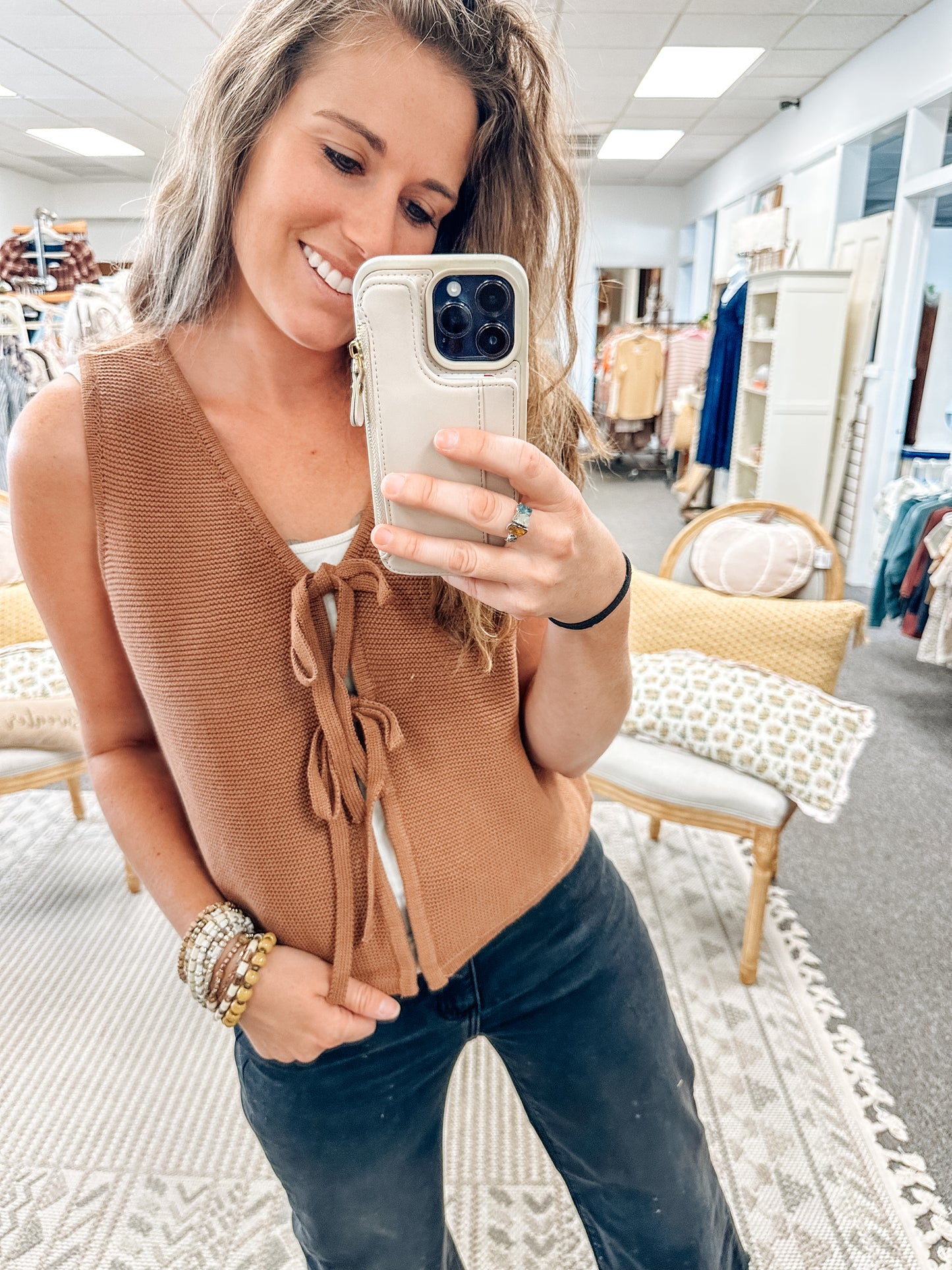 Sandswept Tie Vest-Deep Camel
