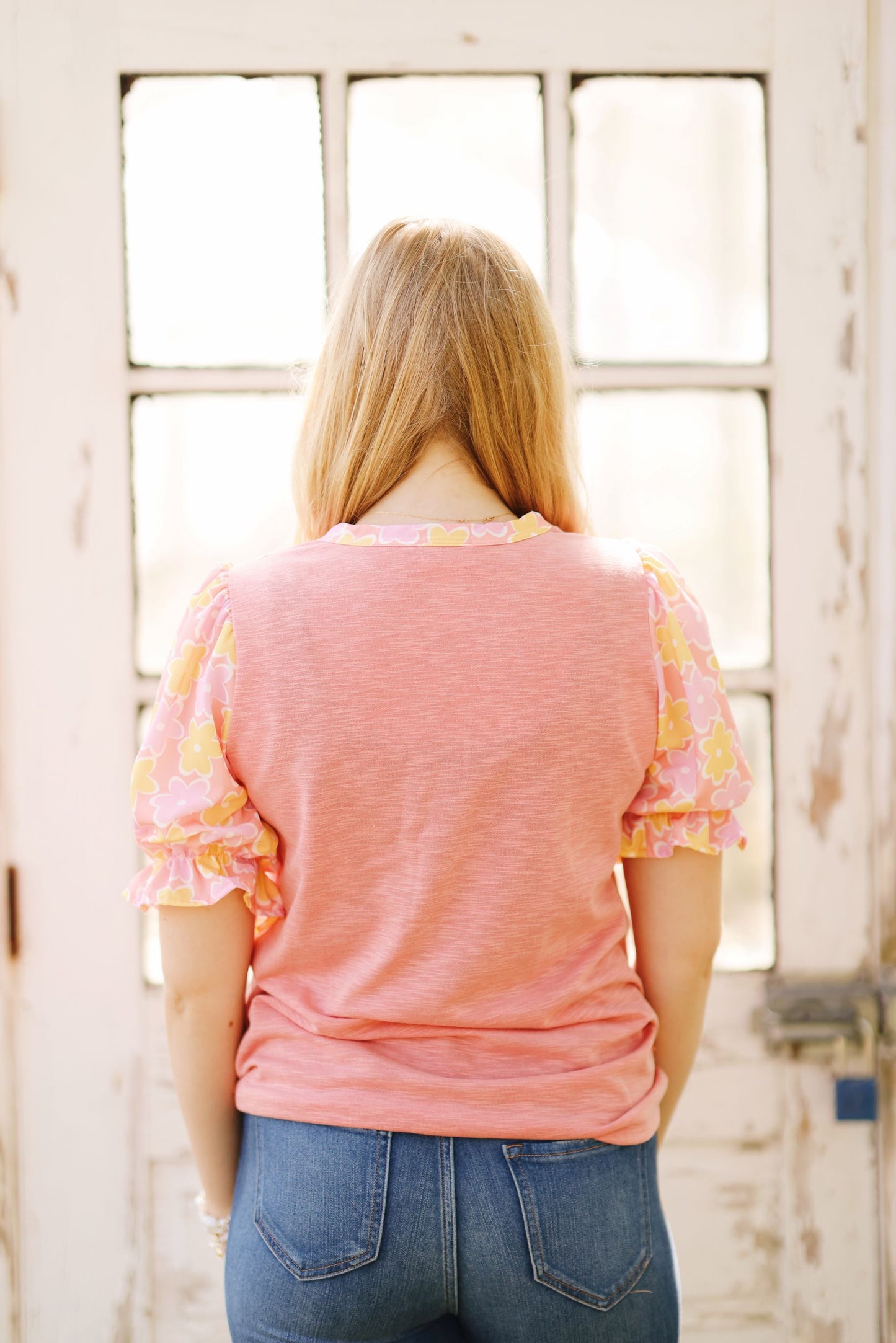 Pop of Floral Bubble Sleeve Top- 2 Colors (S-XL)