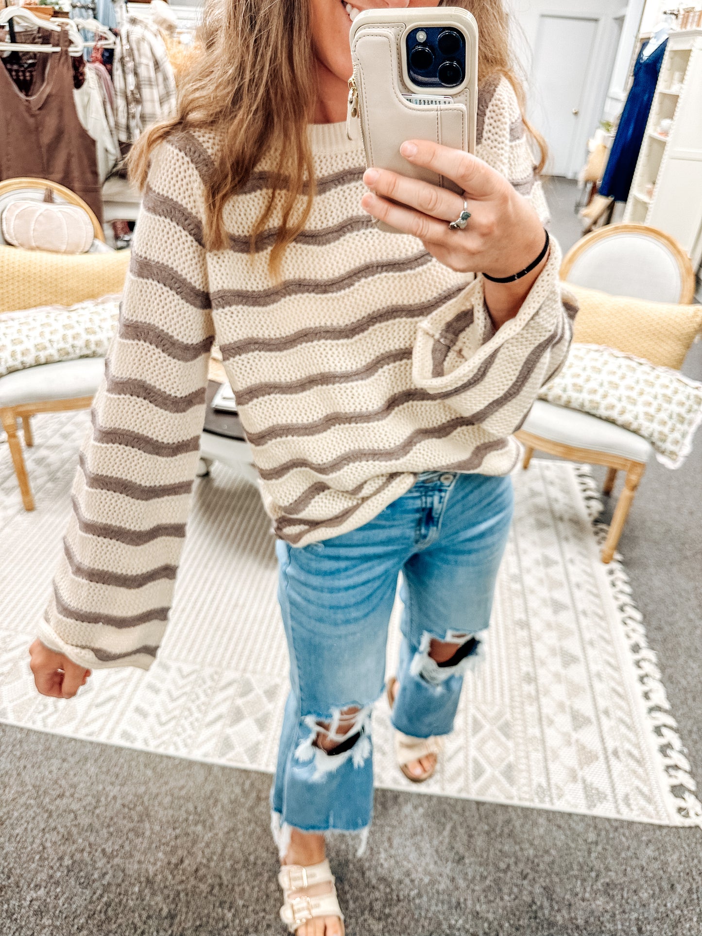 Mocha Mood Striped Crochet Sweater