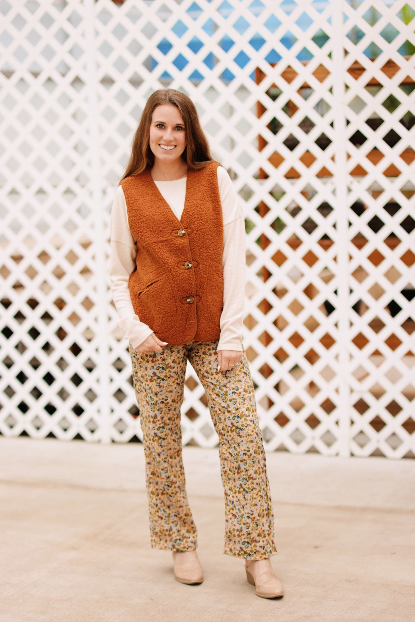 Fuzzy Button Up Fleece Vest-Camel