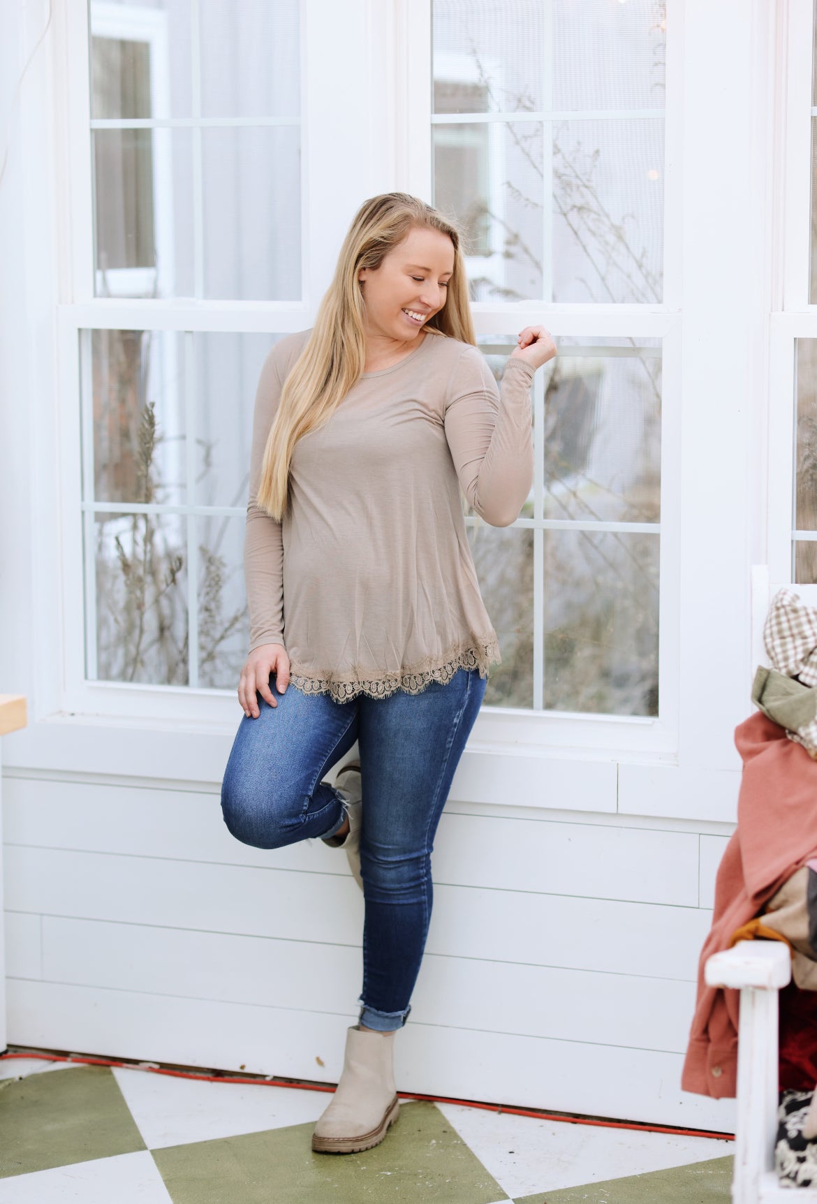 A Little Bit Of Lace Long Sleeve Top-Latte