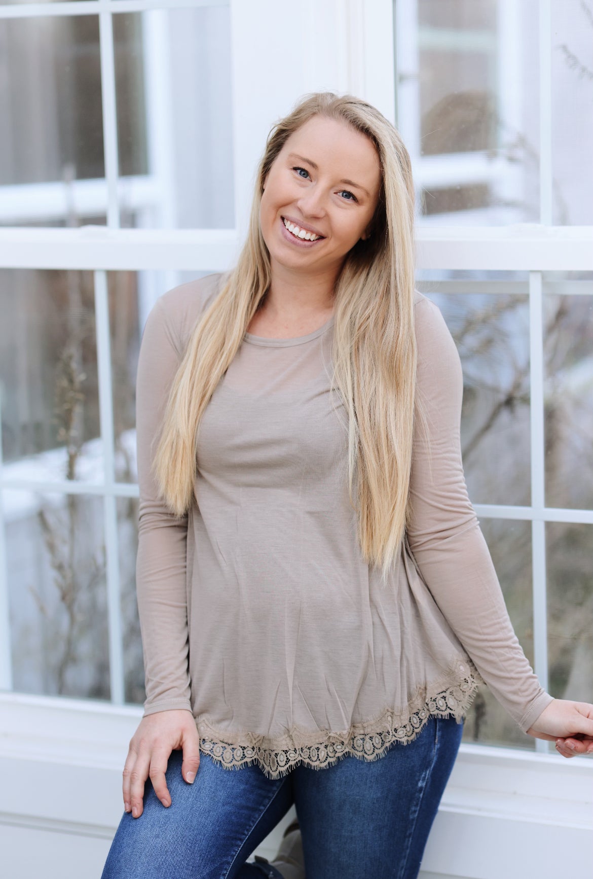 A Little Bit Of Lace Long Sleeve Top-Latte