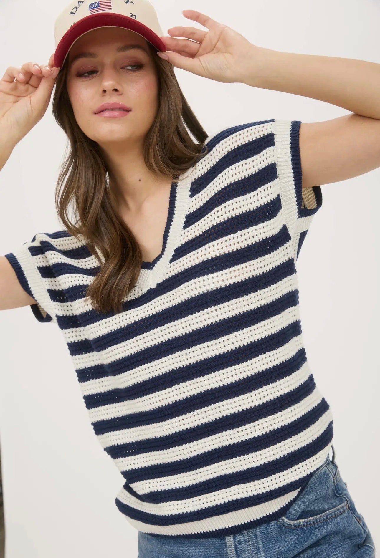 Patriotic Striped Knit Top-Navy