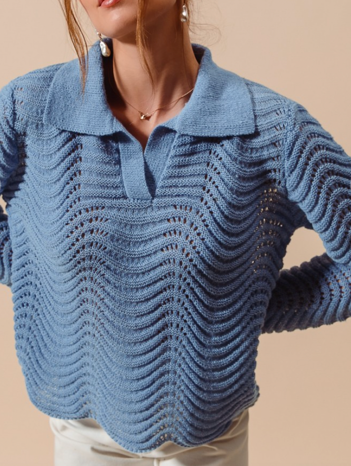 The Wavy Texture Way Sweater-Blue