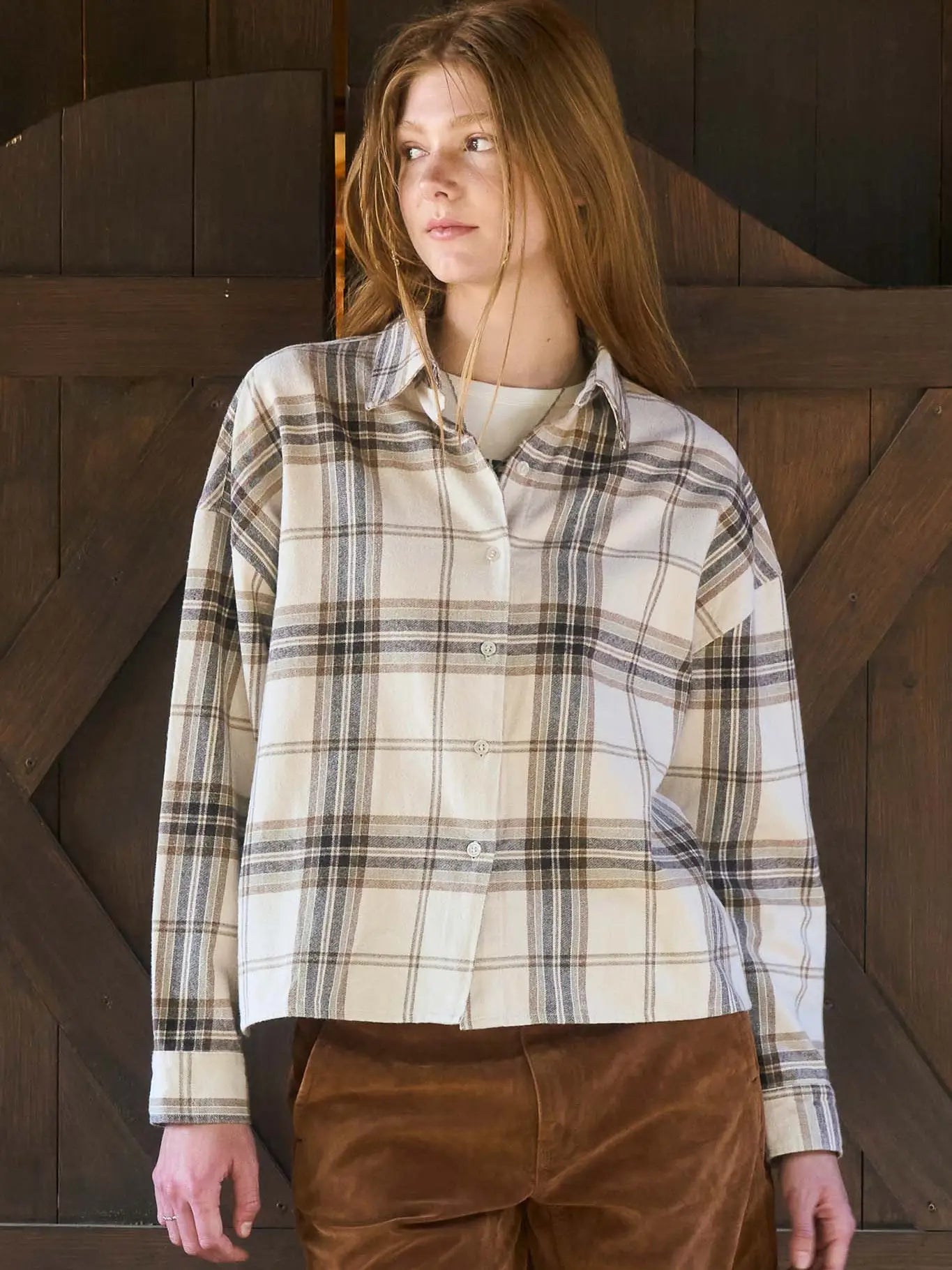 Cider Trails Plaid Top-Khaki