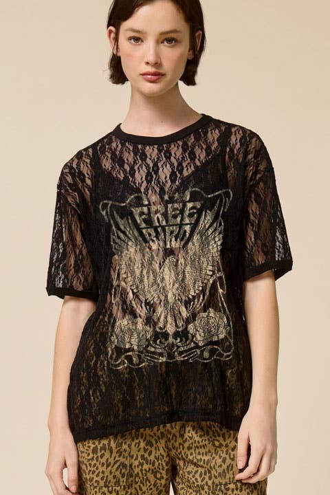 Free Bird Graphic Sheer Lace Tee