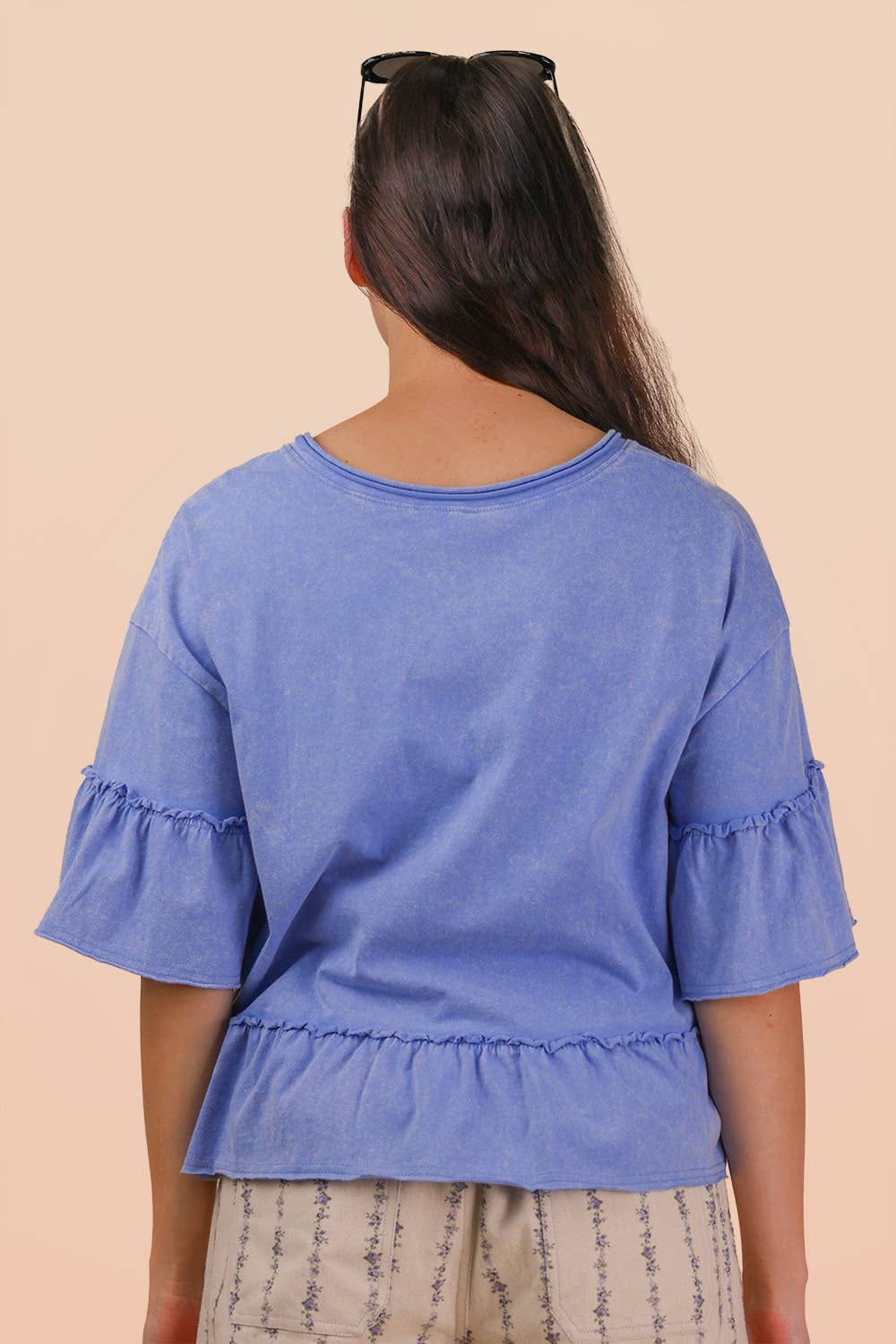 Easy Days Mineral Washed Ruffle Detail Knit Top-Blue
