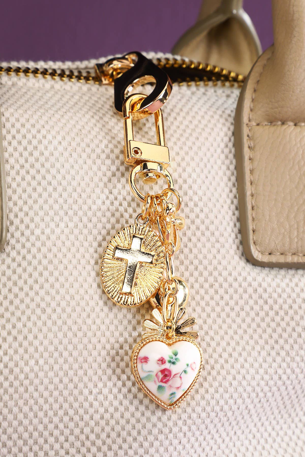 Heart Ribbon Flower Cross Bag Charm