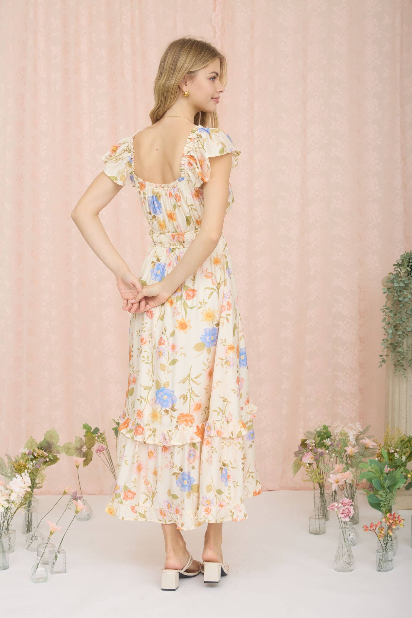 Petals & Poetry Short Sleeve Midi Dress-Beige Multi