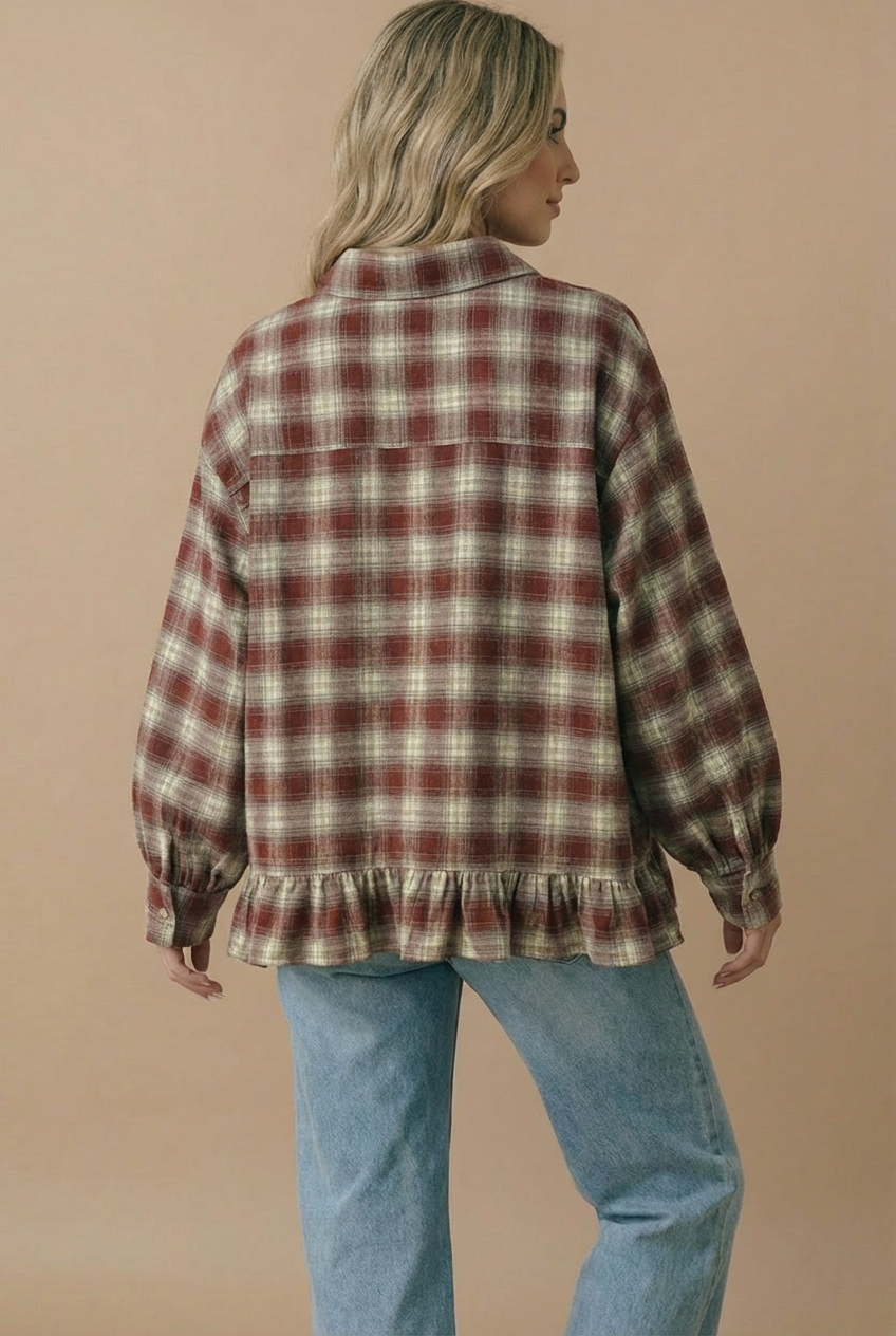 Button Down Check Plaid Babydoll Peplum Shirt