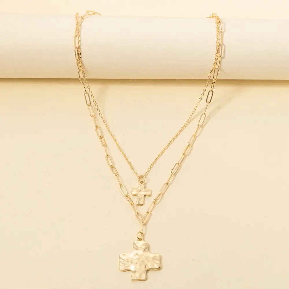 Layered Hammered Cross Pendant Necklace
