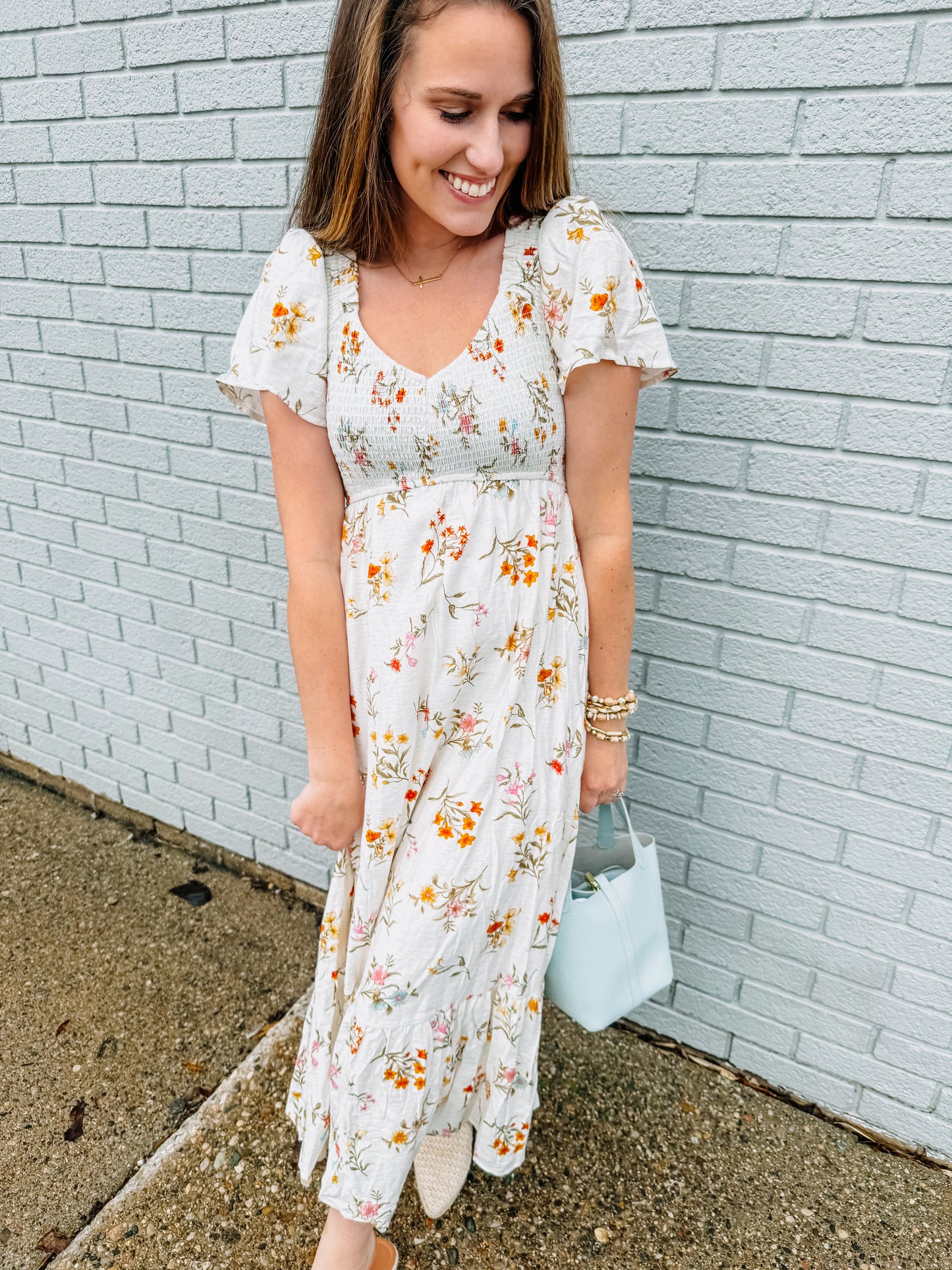 Floral Bell Sleeve Smocked Midi Dress