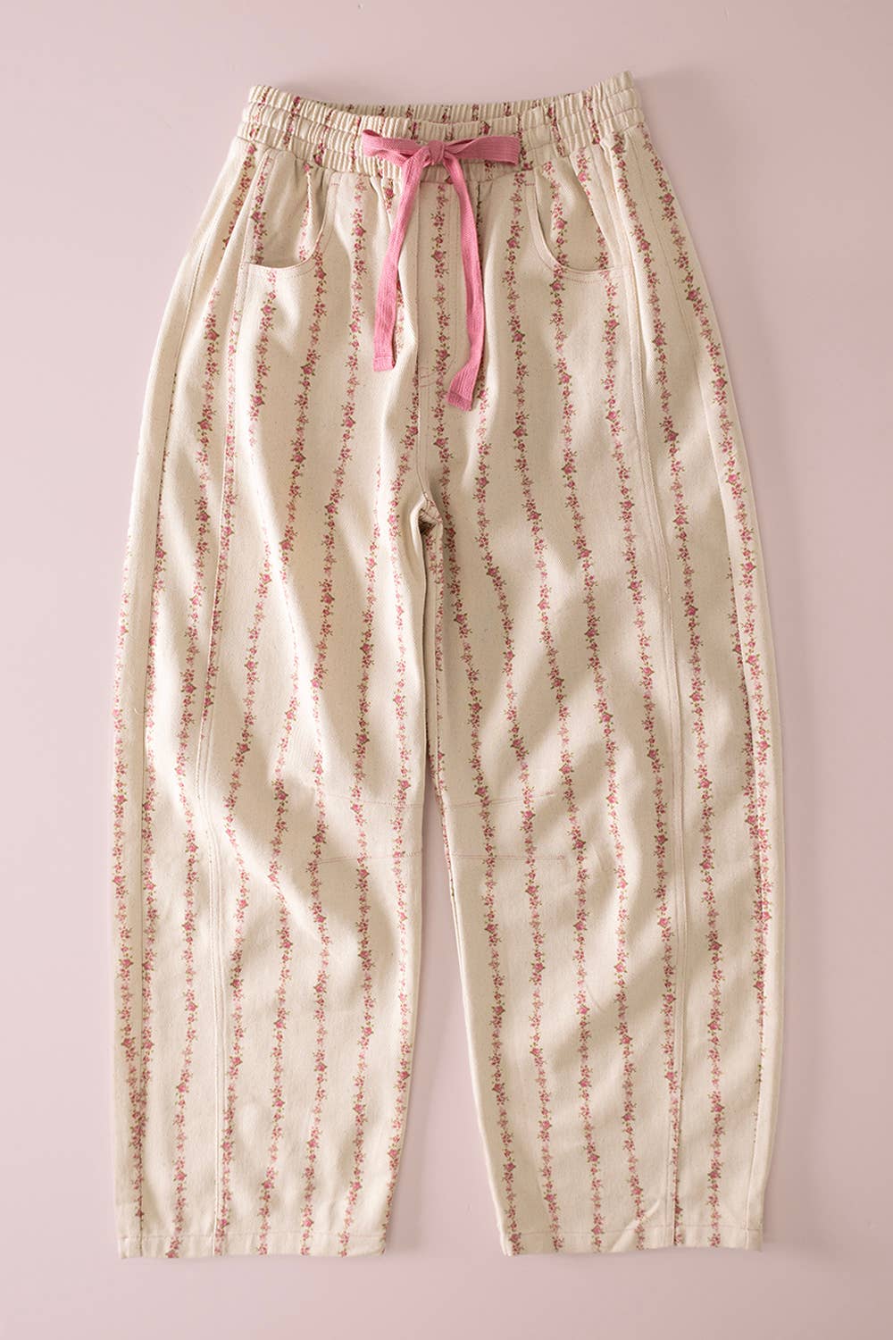 Vintage Print Barrel Pants-Pink