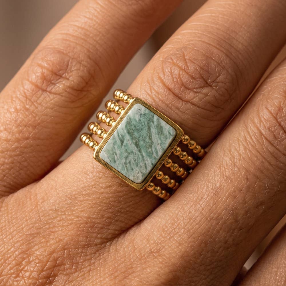 Rectangle Stone Beaded Adjustable Ring