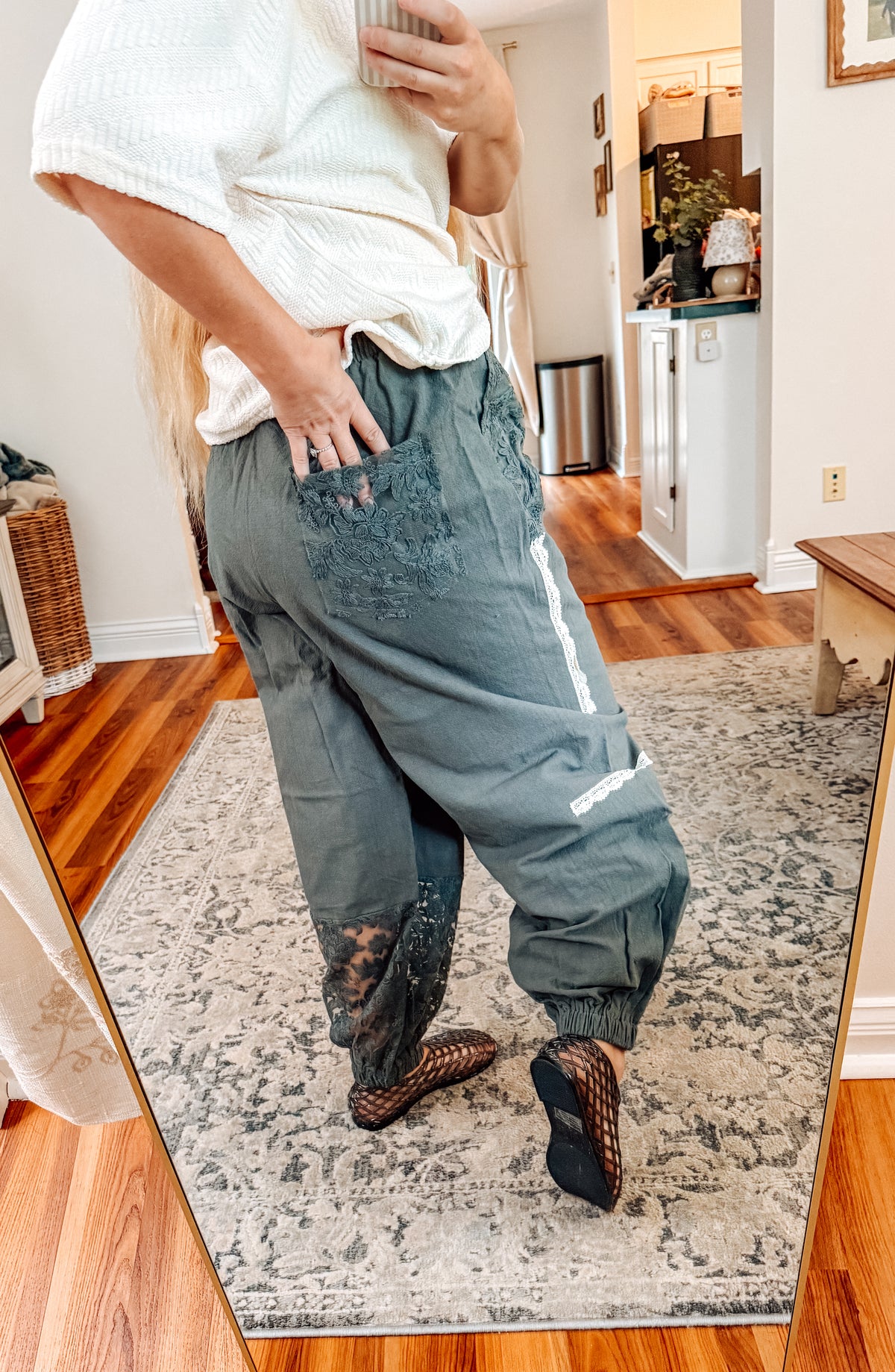 Meadow Days Sage Patchwork Crochet Joggers