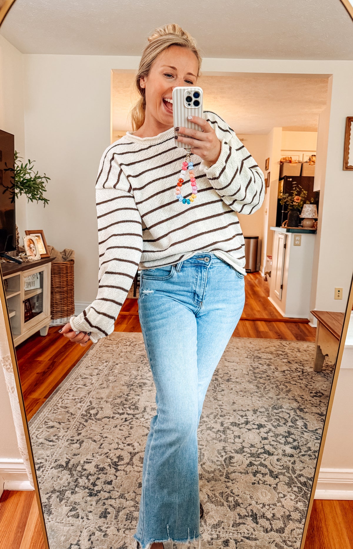 Harvest Moon Striped Textured Knit Sweater-Cream