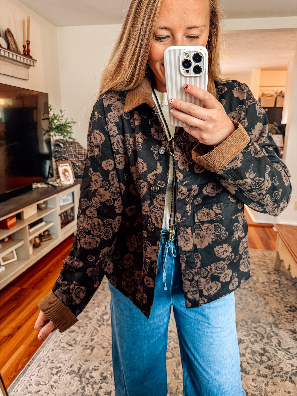 Floral Print Corduroy Collar Barn Jacket
