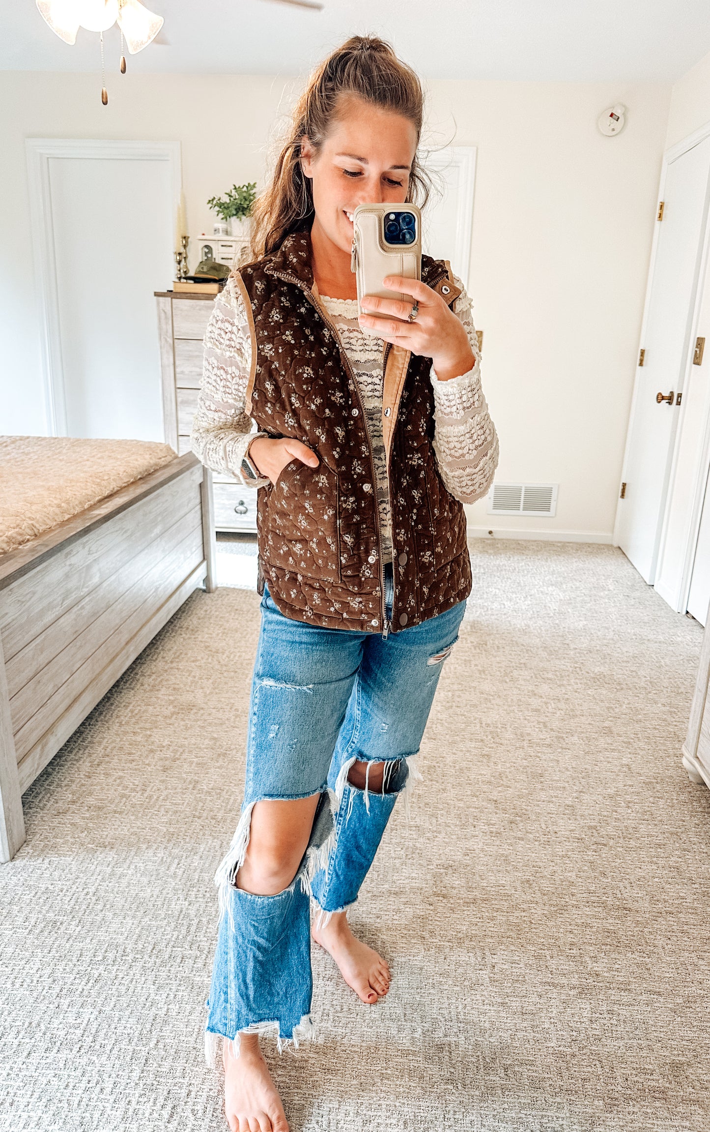 The Stitched Garden Puff Vest- Brown