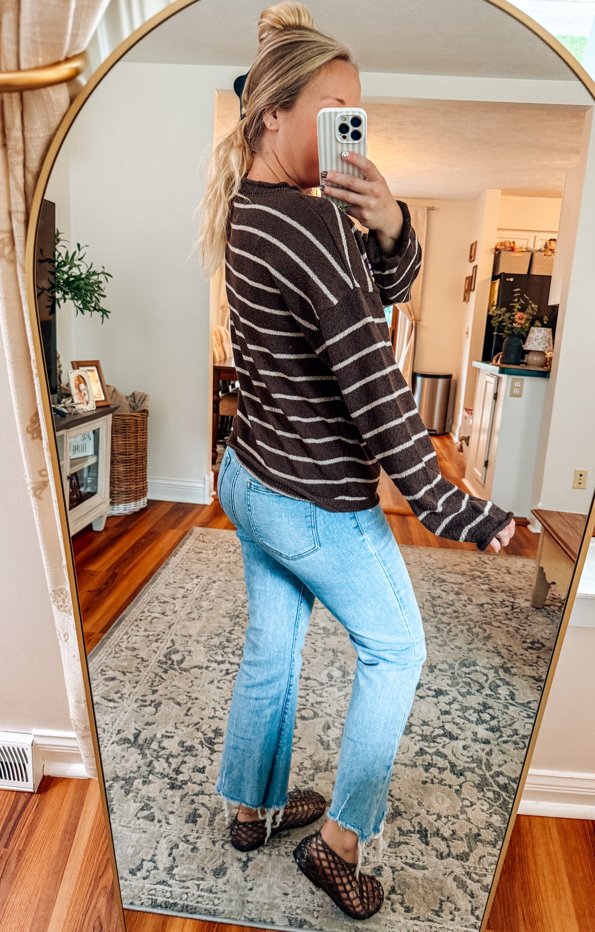 Harvest Moon Striped Textured Knit Sweater-Brown