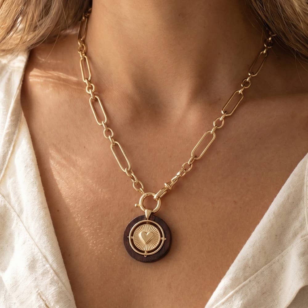 Wood Heart Coin Necklace