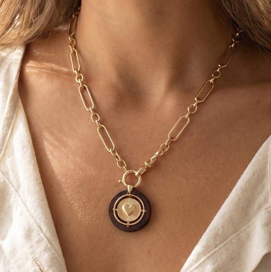Wood Heart Coin Necklace