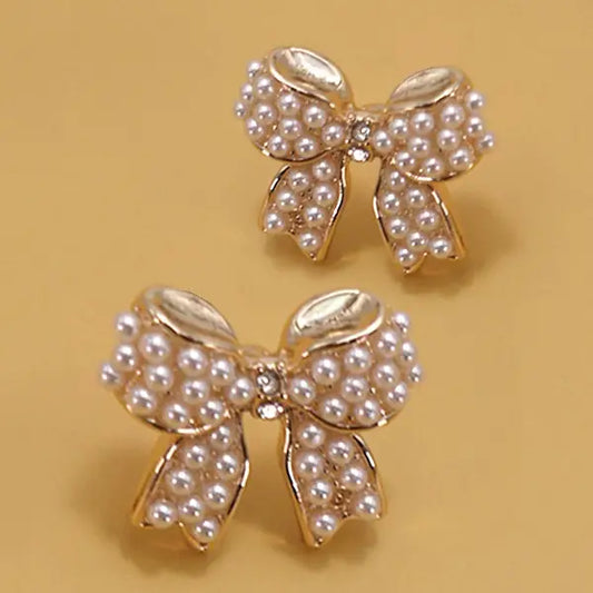 Pearl Bow Gold Earrings