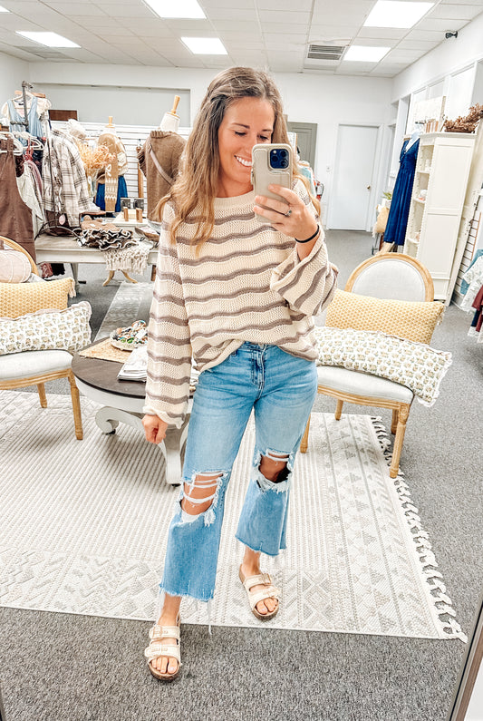 Mocha Mood Striped Crochet Sweater