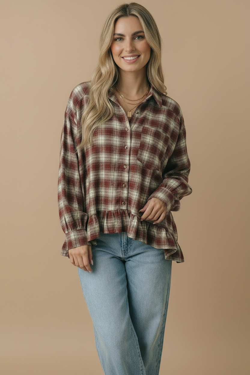 Button Down Check Plaid Babydoll Peplum Shirt