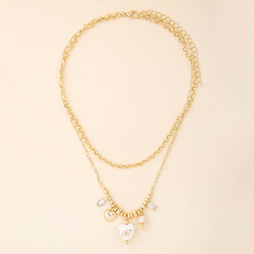 Double Heart Charm Cluster Chain Necklace