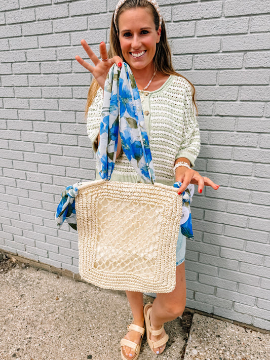 Tropical Bandana Strap Straw Braided Tote Bag