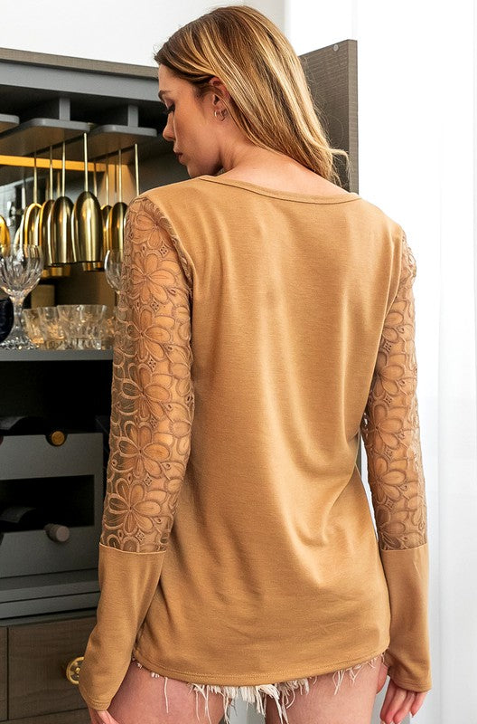 *Cici Camel Lace Long Sleeve Top (S-XL)