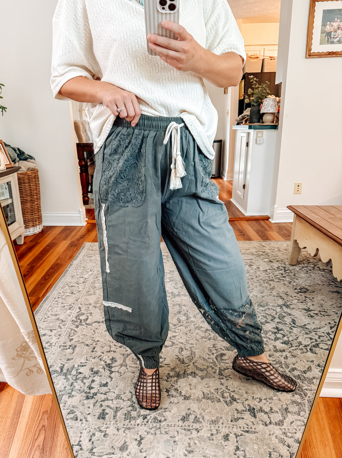 Meadow Days Sage Patchwork Crochet Joggers
