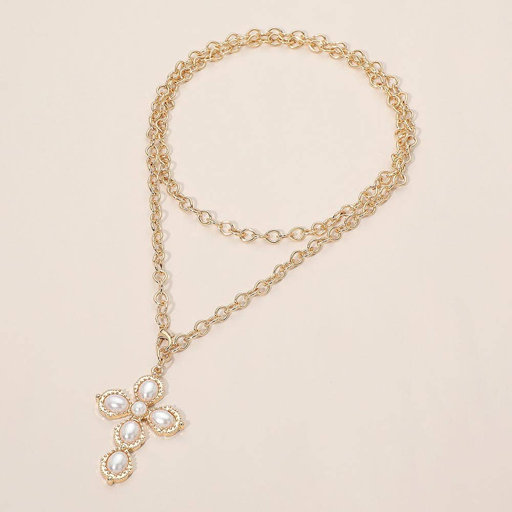 Pearl Cross Pendant Long Necklace