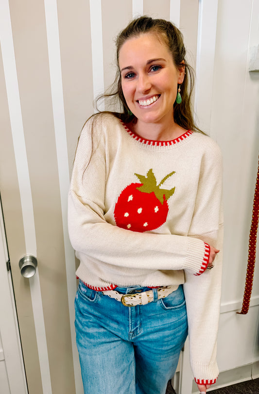Strawberry Motif Contrast Stitch Knit Pullover