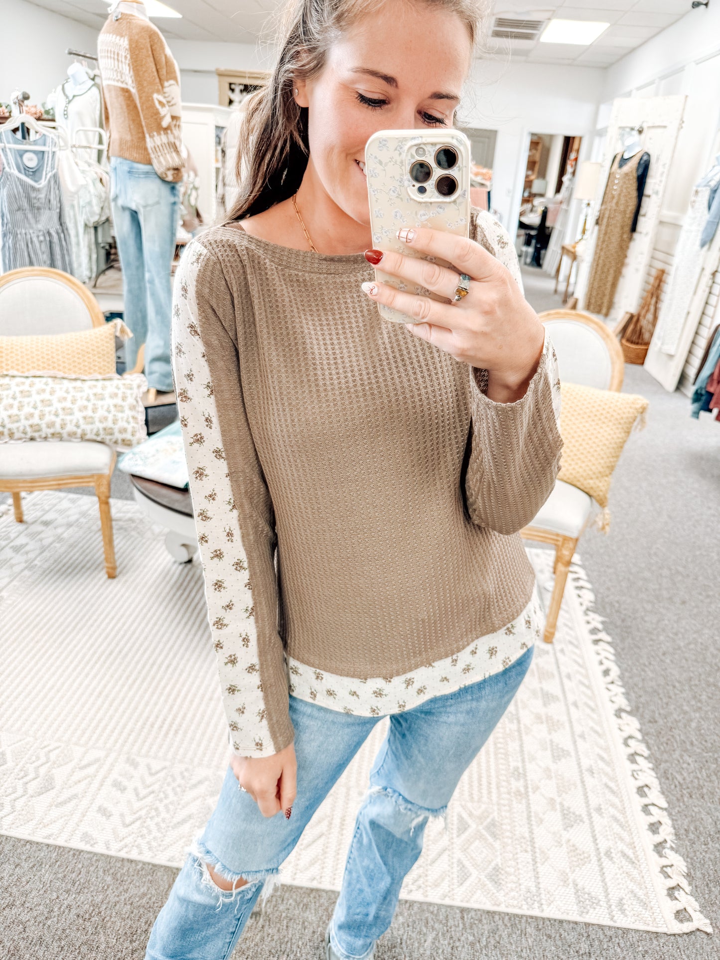 September Petals Waffle Knit Top-Brown